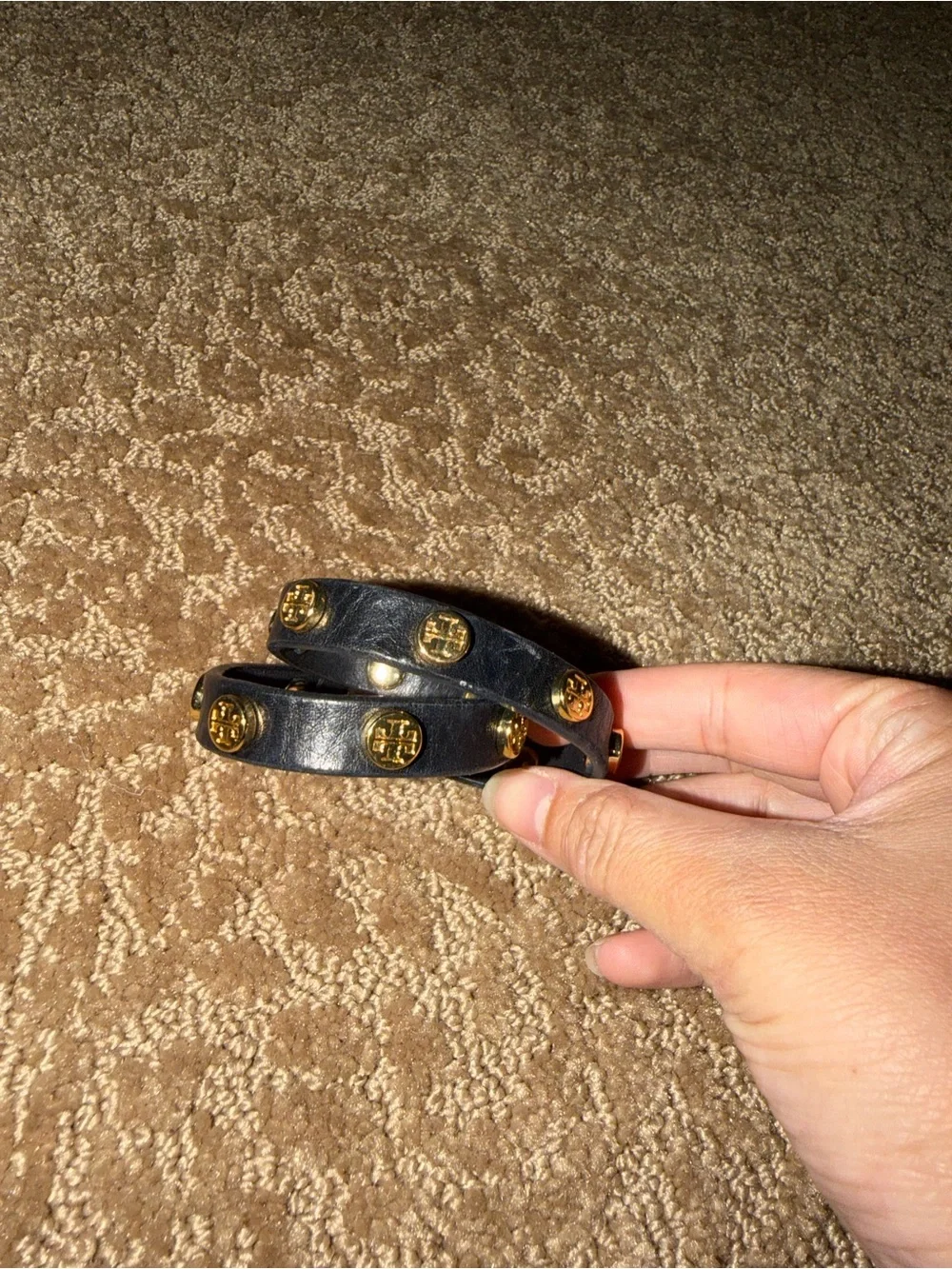 Tory Burch Black Double-Wrap Leather Bracelet with Gold Logo Studs